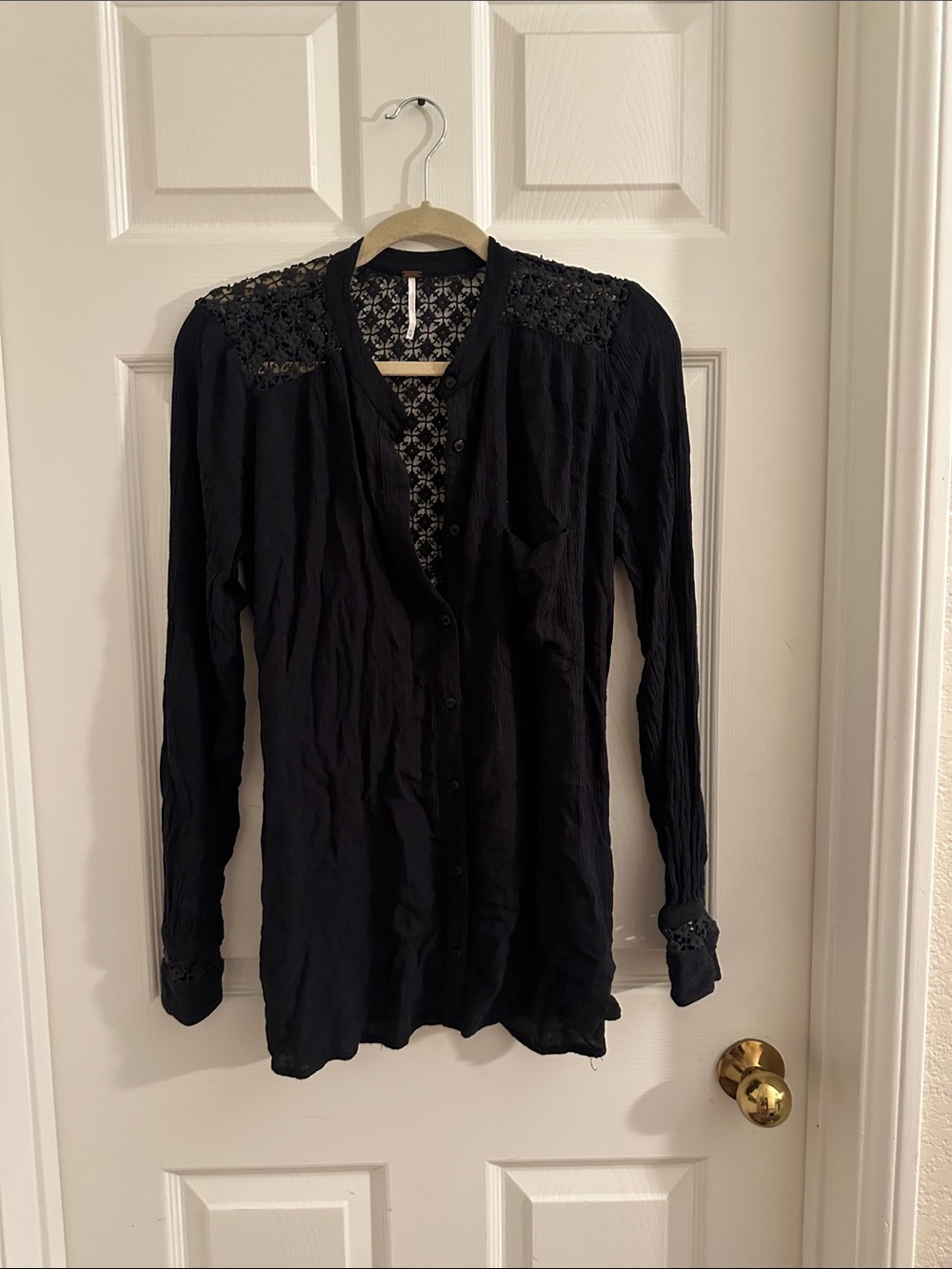 Free People Women’s Black Lace-Detail Button Front Top